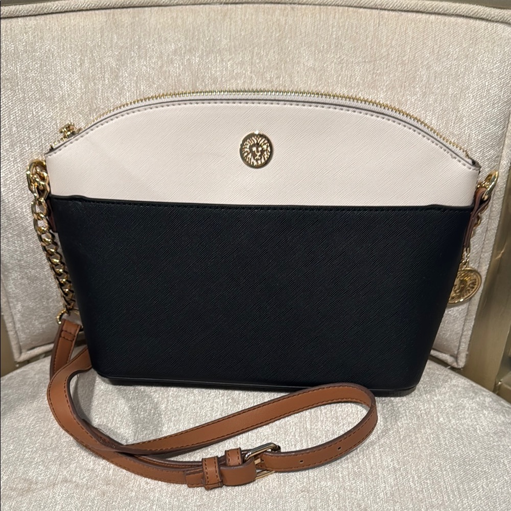 Anne Klein Black and Cream Crossbody Bag with Gold Accents